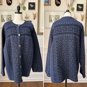 Vintage 90s Skyr Blue Black Wool Nordic Scandinavian Cardigan Sweater 2X